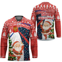 Russia Christmas Hockey Jersey with Dancing Santa Christmas Tree Lights and Red Snowflake - Wonder Print Shop