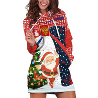 Russia Christmas Hoodie Dress with Dancing Santa Christmas Tree Lights and Red Snowflake - Wonder Print Shop