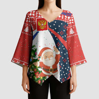 Russia Christmas Kimono Sleeve Blouse with Dancing Santa Christmas Tree Lights and Red Snowflake - Wonder Print Shop
