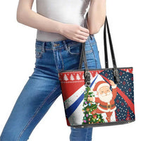 Russia Christmas Leather Tote Bag with Dancing Santa Christmas Tree Lights and Red Snowflake - Wonder Print Shop