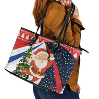 Russia Christmas Leather Tote Bag with Dancing Santa Christmas Tree Lights and Red Snowflake - Wonder Print Shop