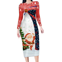 Russia Christmas Long Sleeve Bodycon Dress with Dancing Santa Christmas Tree Lights and Red Snowflake - Wonder Print Shop