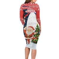 Russia Christmas Long Sleeve Bodycon Dress with Dancing Santa Christmas Tree Lights and Red Snowflake - Wonder Print Shop
