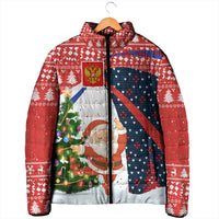 Russia Christmas Padded Jacket with Dancing Santa Christmas Tree Lights and Red Snowflake - Wonder Print Shop