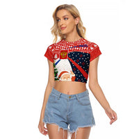 Russia Christmas Raglan Cropped T Shirt with Dancing Santa Christmas Tree Lights and Red Snowflake - Wonder Print Shop