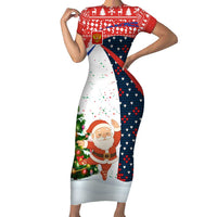 Russia Christmas Short Sleeve Bodycon Dress with Dancing Santa Christmas Tree Lights and Red Snowflake - Wonder Print Shop