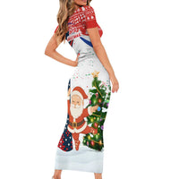 Russia Christmas Short Sleeve Bodycon Dress with Dancing Santa Christmas Tree Lights and Red Snowflake - Wonder Print Shop