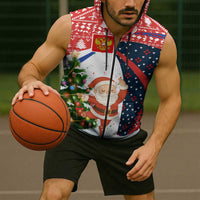 Russia Christmas Sleeveless Zip Hoodie with Dancing Santa Christmas Tree Lights and Red Snowflake - Wonder Print Shop