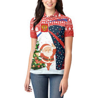 Russia Christmas Women Polo Shirt with Dancing Santa Christmas Tree Lights and Red Snowflake - Wonder Print Shop