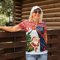 Russia Christmas Women Polo Shirt with Dancing Santa Christmas Tree Lights and Red Snowflake - Wonder Print Shop