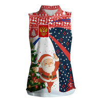 Russia Christmas Women Sleeveless Polo Shirt with Dancing Santa Christmas Tree Lights and Red Snowflake - Wonder Print Shop