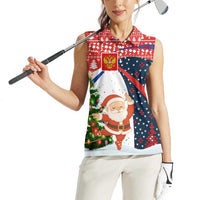 Russia Christmas Women Sleeveless Polo Shirt with Dancing Santa Christmas Tree Lights and Red Snowflake - Wonder Print Shop