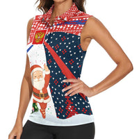 Russia Christmas Women Sleeveless Polo Shirt with Dancing Santa Christmas Tree Lights and Red Snowflake - Wonder Print Shop