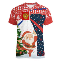 Russia Christmas Women V-Neck T-Shirt with Dancing Santa Christmas Tree Lights and Red Snowflake - Wonder Print Shop