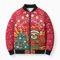 Venezuela Christmas Bomber Puffer Jacket with Santa Sloth Christmas Tree Stars and Red Festive - Wonder Print Shop