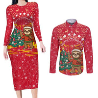 Venezuela Christmas Couples Matching Long Sleeve Bodycon Dress and Long Sleeve Button Shirt with Santa Sloth Christmas Tree Stars and Red Festive - Wonder Print Shop