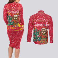 Venezuela Christmas Couples Matching Long Sleeve Bodycon Dress and Long Sleeve Button Shirt with Santa Sloth Christmas Tree Stars and Red Festive - Wonder Print Shop