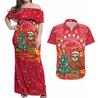 Venezuela Christmas Couples Matching Off Shoulder Maxi Dress and Hawaiian Shirt with Santa Sloth Christmas Tree Stars and Red Festive - Wonder Print Shop