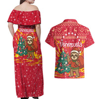 Venezuela Christmas Couples Matching Off Shoulder Maxi Dress and Hawaiian Shirt with Santa Sloth Christmas Tree Stars and Red Festive - Wonder Print Shop