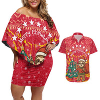 Venezuela Christmas Couples Matching Off Shoulder Short Dress and Hawaiian Shirt with Santa Sloth Christmas Tree Stars and Red Festive - Wonder Print Shop