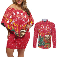Venezuela Christmas Couples Matching Off Shoulder Short Dress and Long Sleeve Button Shirt with Santa Sloth Christmas Tree Stars and Red Festive - Wonder Print Shop