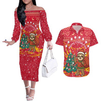 Venezuela Christmas Couples Matching Off The Shoulder Long Sleeve Dress and Hawaiian Shirt with Santa Sloth Christmas Tree Stars and Red Festive - Wonder Print Shop