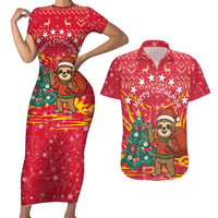 Venezuela Christmas Couples Matching Short Sleeve Bodycon Dress and Hawaiian Shirt with Santa Sloth Christmas Tree Stars and Red Festive - Wonder Print Shop