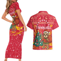 Venezuela Christmas Couples Matching Short Sleeve Bodycon Dress and Hawaiian Shirt with Santa Sloth Christmas Tree Stars and Red Festive - Wonder Print Shop