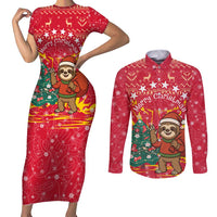 Venezuela Christmas Couples Matching Short Sleeve Bodycon Dress and Long Sleeve Button Shirt with Santa Sloth Christmas Tree Stars and Red Festive - Wonder Print Shop