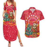 Venezuela Christmas Couples Matching Summer Maxi Dress and Hawaiian Shirt with Santa Sloth Christmas Tree Stars and Red Festive - Wonder Print Shop