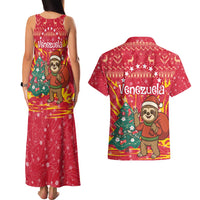 Venezuela Christmas Couples Matching Tank Maxi Dress and Hawaiian Shirt with Santa Sloth Christmas Tree Stars and Red Festive - Wonder Print Shop