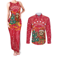Venezuela Christmas Couples Matching Tank Maxi Dress and Long Sleeve Button Shirt with Santa Sloth Christmas Tree Stars and Red Festive - Wonder Print Shop