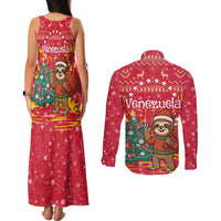 Venezuela Christmas Couples Matching Tank Maxi Dress and Long Sleeve Button Shirt with Santa Sloth Christmas Tree Stars and Red Festive - Wonder Print Shop