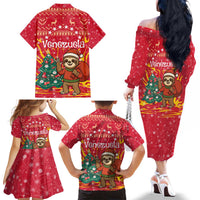 Venezuela Christmas Family Matching Off The Shoulder Long Sleeve Dress and Hawaiian Shirt with Santa Sloth Christmas Tree Stars and Red Festive - Wonder Print Shop