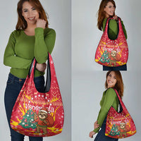 Venezuela Christmas Grocery Bag with Santa Sloth Christmas Tree Stars and Red Festive - Wonder Print Shop