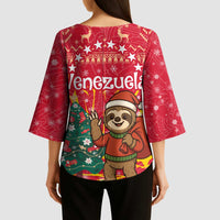 Venezuela Christmas Kimono Sleeve Blouse with Santa Sloth Christmas Tree Stars and Red Festive - Wonder Print Shop
