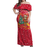 Venezuela Christmas Off Shoulder Maxi Dress with Santa Sloth Christmas Tree Stars and Red Festive - Wonder Print Shop