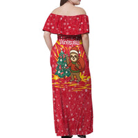 Venezuela Christmas Off Shoulder Maxi Dress with Santa Sloth Christmas Tree Stars and Red Festive - Wonder Print Shop