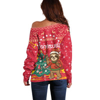 Venezuela Christmas Off Shoulder Sweater with Santa Sloth Christmas Tree Stars and Red Festive - Wonder Print Shop