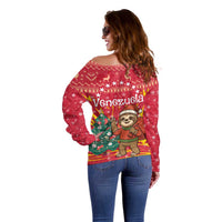 Venezuela Christmas Off Shoulder Sweater with Santa Sloth Christmas Tree Stars and Red Festive - Wonder Print Shop