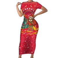 Venezuela Christmas Short Sleeve Bodycon Dress with Santa Sloth Christmas Tree Stars and Red Festive - Wonder Print Shop