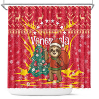 Venezuela Christmas Shower Curtain with Santa Sloth Christmas Tree Stars and Red Festive - Wonder Print Shop
