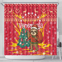 Venezuela Christmas Shower Curtain with Santa Sloth Christmas Tree Stars and Red Festive - Wonder Print Shop