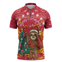 Venezuela Christmas Zipper Polo Shirt with Santa Sloth Christmas Tree Stars and Red Festive - Wonder Print Shop