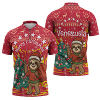 Venezuela Christmas Zipper Polo Shirt with Santa Sloth Christmas Tree Stars and Red Festive - Wonder Print Shop