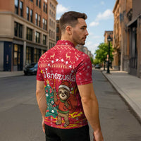Venezuela Christmas Zipper Polo Shirt with Santa Sloth Christmas Tree Stars and Red Festive - Wonder Print Shop