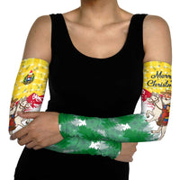 Venezuela Christmas Arm Sleeves with Santa on Horse Traditional Outfit Snowflakes and Yellow Plaid - Wonder Print Shop