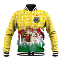 Venezuela Christmas Baseball Jacket with Santa on Horse Traditional Outfit Snowflakes and Yellow Plaid - Wonder Print Shop