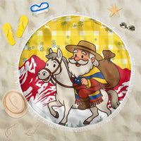 Venezuela Christmas Beach Blanket with Santa on Horse Traditional Outfit Snowflakes and Yellow Plaid - Wonder Print Shop