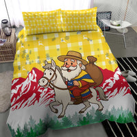 Venezuela Christmas Bedding Set with Santa on Horse Traditional Outfit Snowflakes and Yellow Plaid - Wonder Print Shop